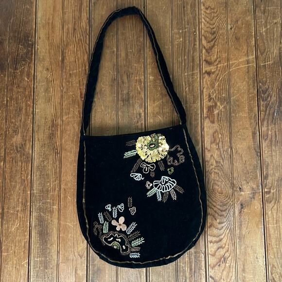 Dollhouse Handbags - Dollhouse black velvet rose gold sequins embroidered shoulder bag unique